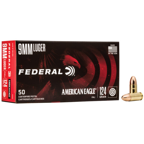 Federal American Eagle 9mm 124 Grain FMJ Ammo 50rd Box Range Ammo